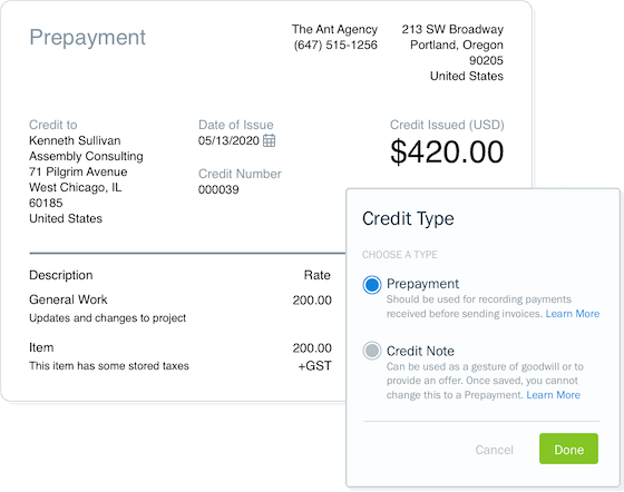 Screenshot of setting up credit notes and prepayments in FreshBooks accounting software